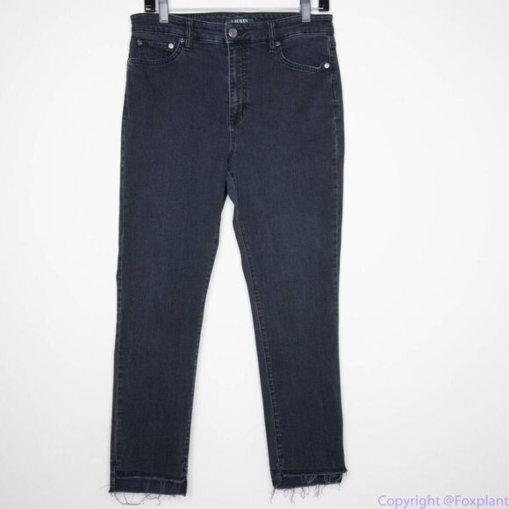 Lauren Ralph Lauren black‎ high rise step raw hem jeans, women's size 8